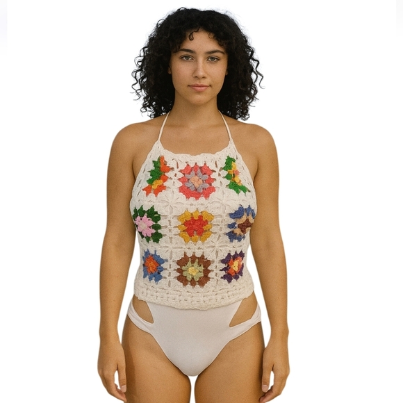 Handmade Crochet Halter Top Granny Square Floral Multicored Boho Bikini Top - Picture 4 of 17